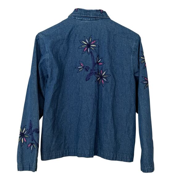 Vintage 1980s Denim Jean Long Sleeve Embroidered Collared Full Button Jacket L - Picture 2 of 8